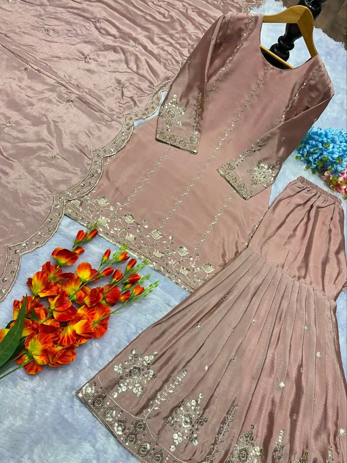 Dusty Rose Heavy Chinon Silk Embroidered Salwar Set